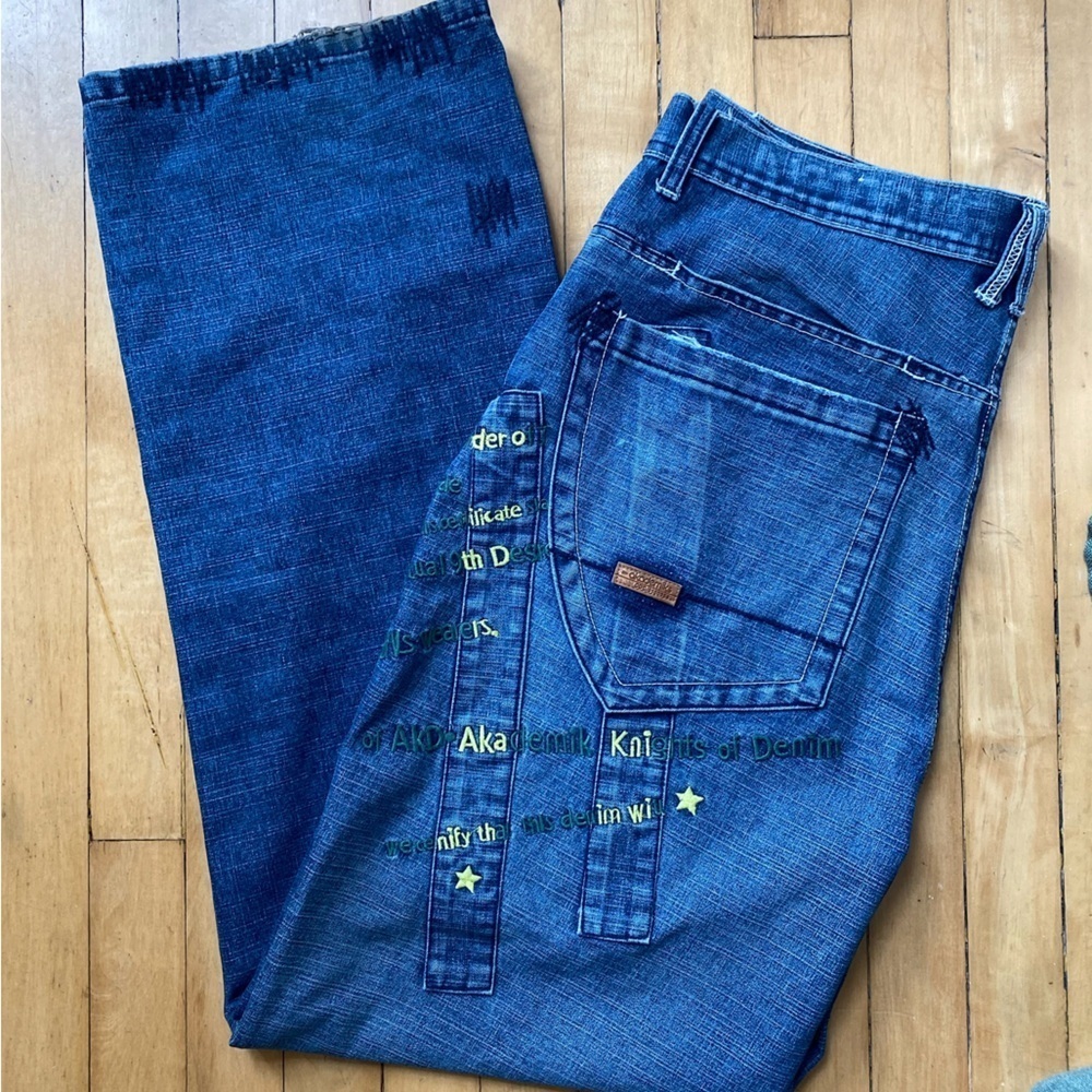 Vintage Akademiks Men's Blue Jeans Patchwork Embroidered Jeans size 36 Y2K